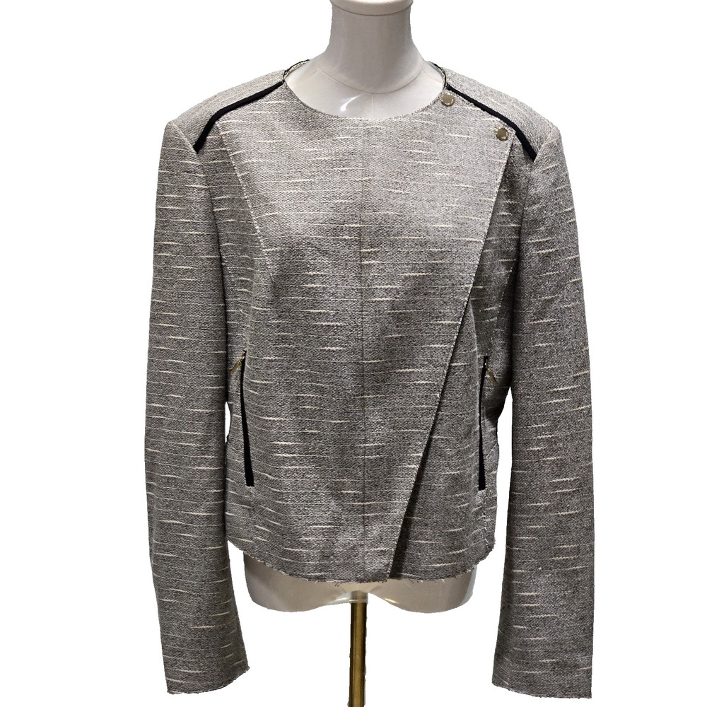 Hugo Boss Tweed Jacket‎ Size US 12 Womens Moto Cropped Lined Full Zip Gray Snap